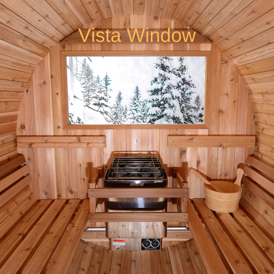 almost heaven saunas-wood barrel- barrel sauna-thermally modified hemlock-outdoor sauna-audra-2 person-4 person-vista window