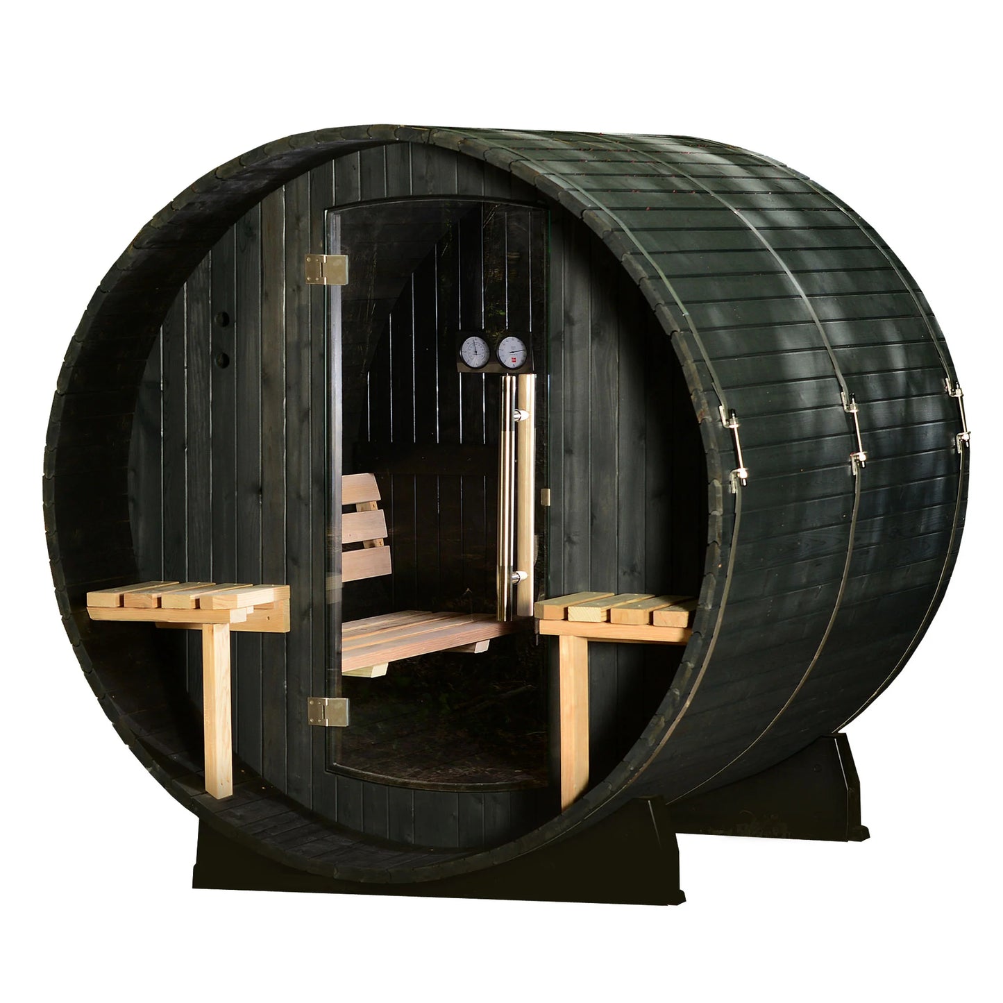 onyx- almost heaven saunas-black barrel- barrel sauna- hemfir-outdoor sauna