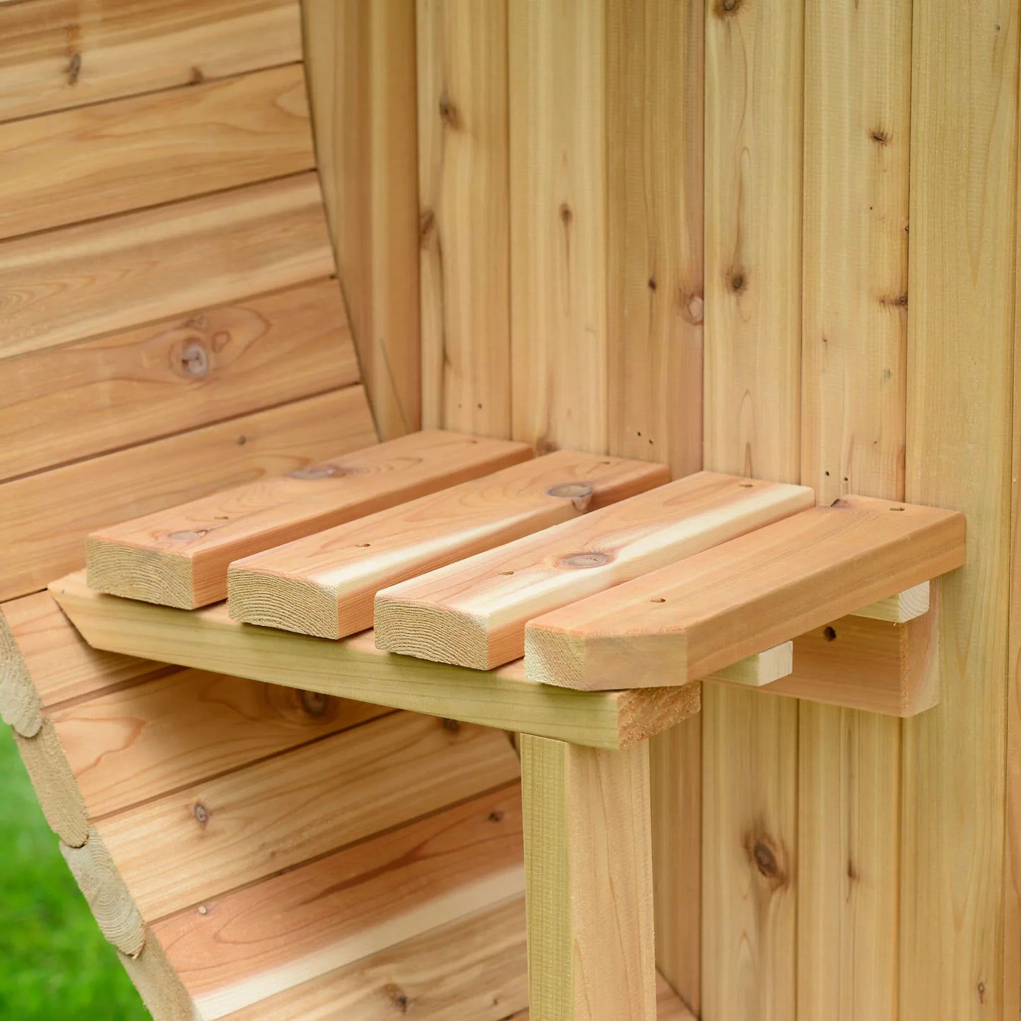 almost heaven saunas-wood barrel- barrel sauna- rustic cedar-outdoor sauna-audra-2 person-4 person-barrel detail audra bench