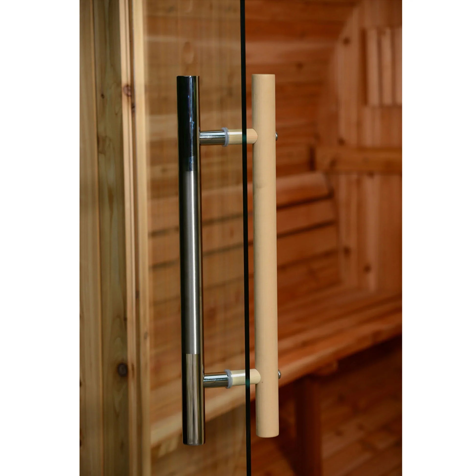 almost heaven saunas-wood barrel- barrel sauna- rustic cedar-outdoor sauna-audra-2 person-4 person-barrel detail door handle