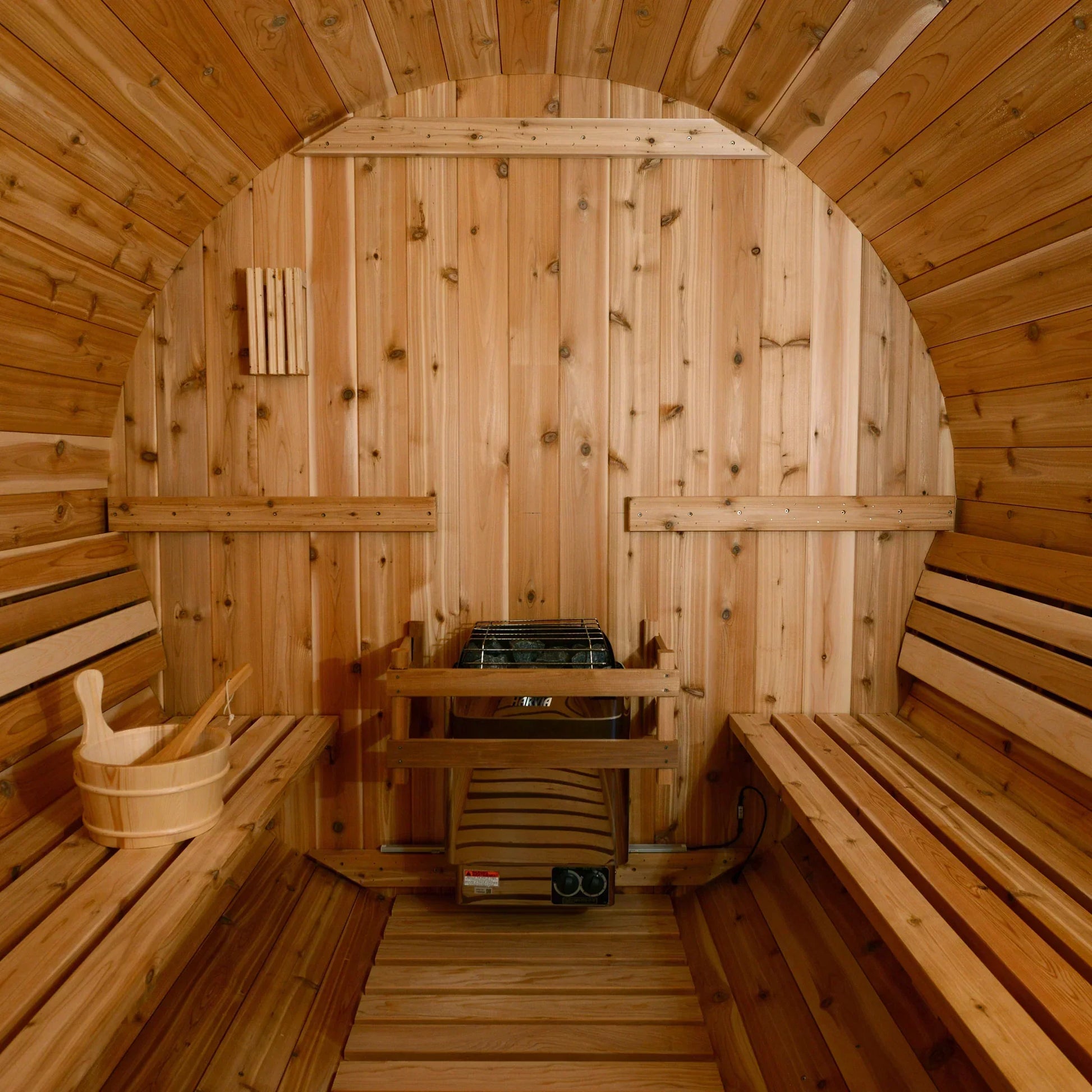 onyx- almost heaven saunas-black barrel- barrel sauna- hemfir-outdoor sauna-audra- barrel interior