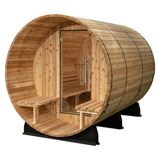 almost heaven saunas-charleston-4 person- canopy barrel sauna-rustic cedar-outdoor sauna-indoor sauna-wood sauna-barrel sauna