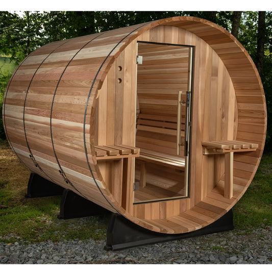 Almost Heaven Huntington 4-6 Person Canopy Barrel Sauna-Thermally Modified Hemlock