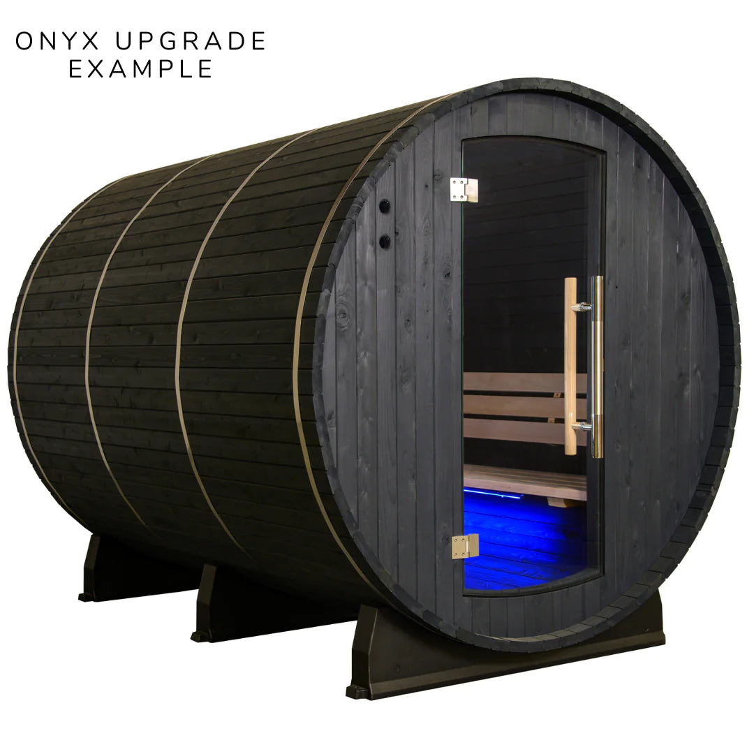 onyx- almost heaven saunas-black barrel- barrel sauna- hemfir-outdoor sauna