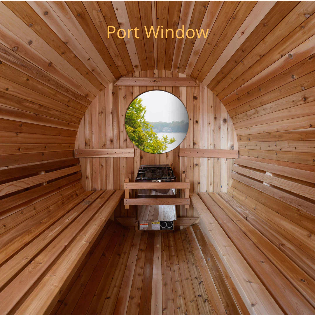 onyx- almost heaven saunas-black barrel- barrel sauna- hemfir-outdoor sauna-audra-port window